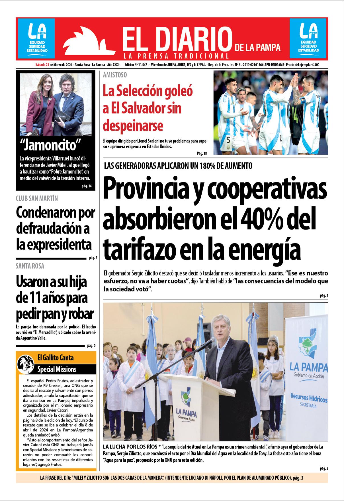 Tapa de El Diario en papel  saacutebado 23 de marzo de 2024